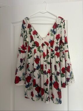 Womens Backless Floral Mini Dress - White with Red Rose Print
